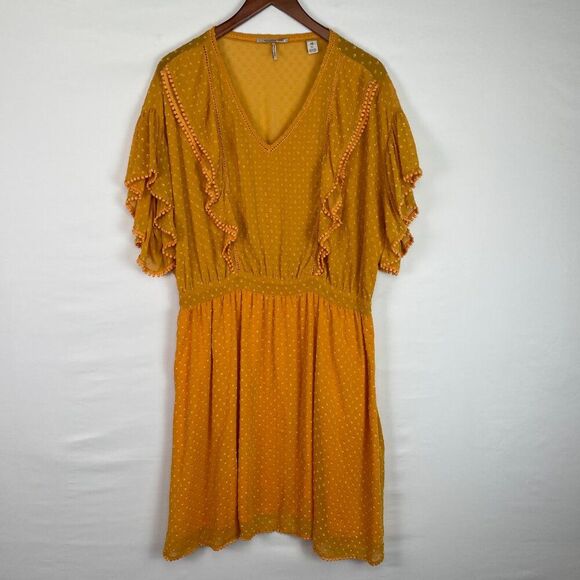 Scotch & Soda Ruffle Sleeve Lace Swiss-Dot Pom Pom Mini Dress Yellow XL - Picture 2 of 10
